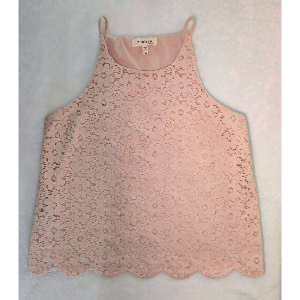 Monteau Los Angeles Pink Floral Lace Halter Cami Top‎ Scalloped Hem Size M